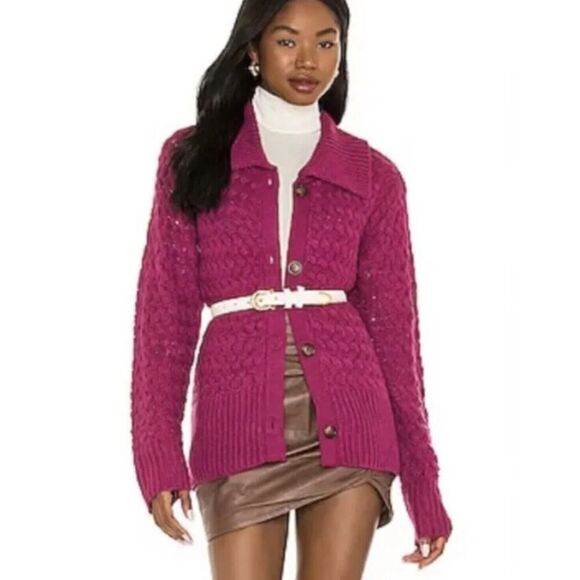 NWT $161 For Love And Lemons Florence Cable Knit Oversized Cardigan Fuchsia XXS - Picture 2 of 5